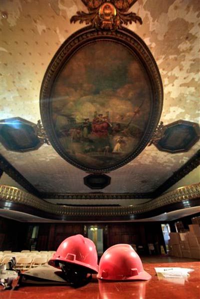 The peeling ceiling in the Council Chambers